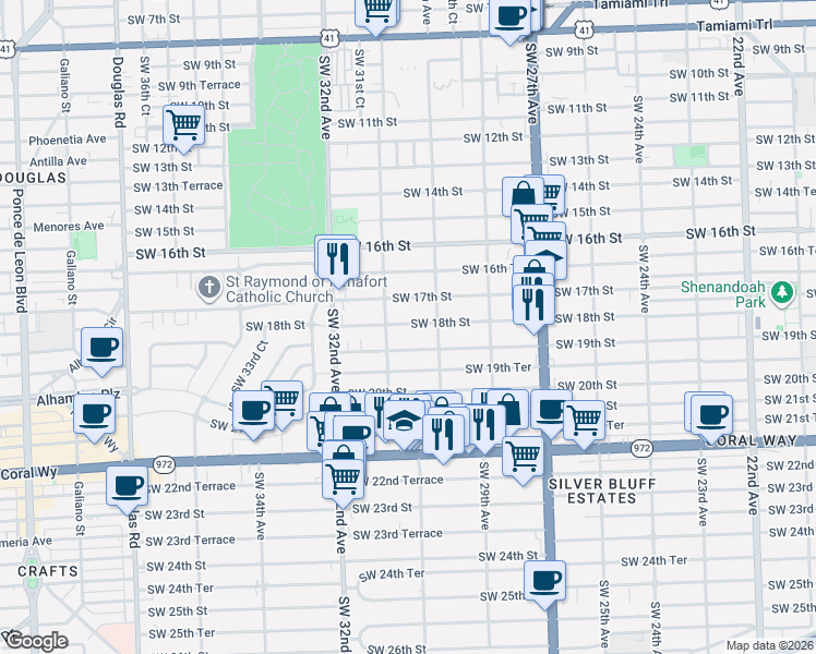 map of restaurants, bars, coffee shops, grocery stores, and more near 3075 Southwest 18th Street in Miami