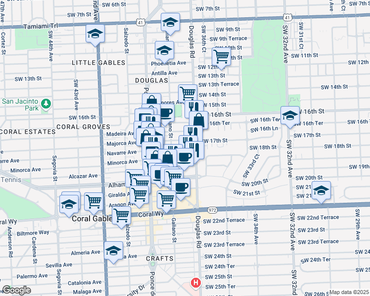 map of restaurants, bars, coffee shops, grocery stores, and more near 28 Majorca Avenue in Coral Gables