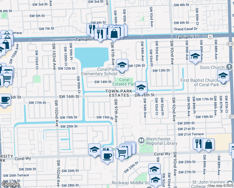 map of restaurants, bars, coffee shops, grocery stores, and more near 9701 Southwest 16th Street in Miami