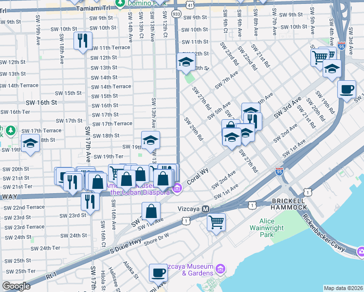 map of restaurants, bars, coffee shops, grocery stores, and more near 1825 Southwest 12th Avenue in Miami