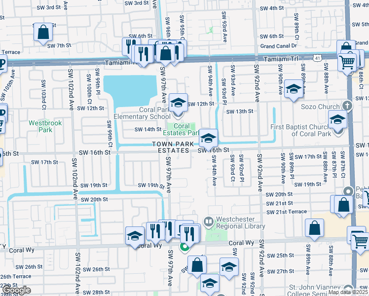 map of restaurants, bars, coffee shops, grocery stores, and more near 9535 Southwest 16th Street in Miami