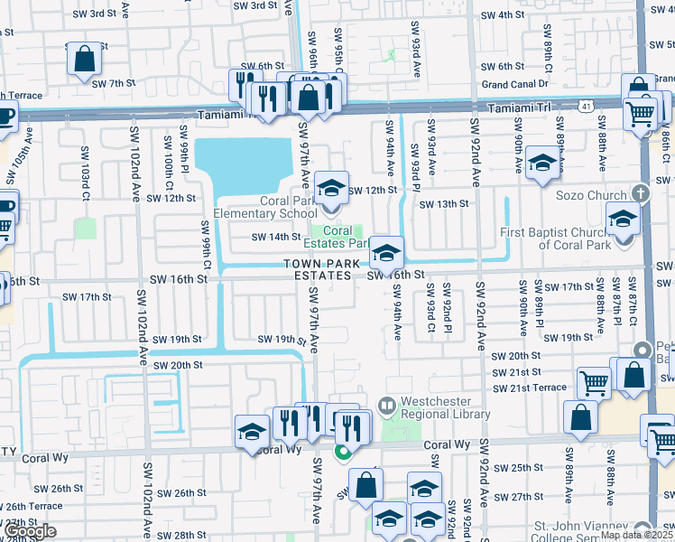 map of restaurants, bars, coffee shops, grocery stores, and more near 9535 Southwest 16th Street in Miami
