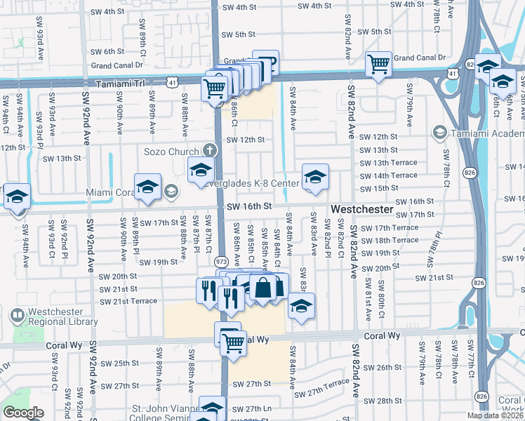 map of restaurants, bars, coffee shops, grocery stores, and more near 8521 Southwest 16th Street in Miami