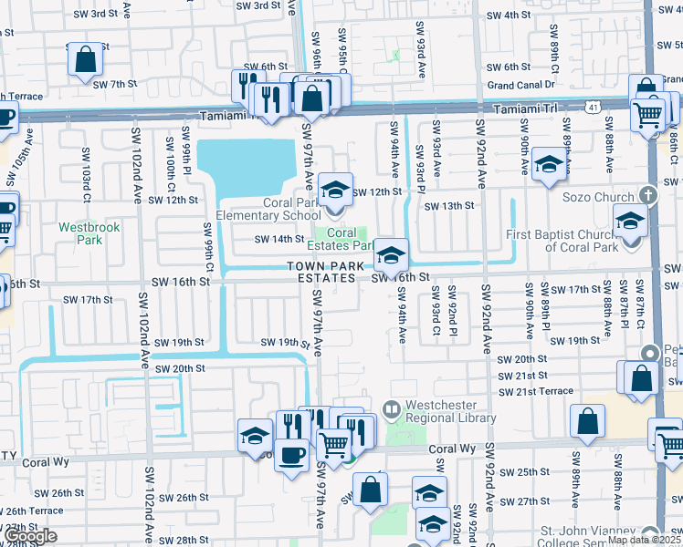 map of restaurants, bars, coffee shops, grocery stores, and more near 9535 Southwest 16th Street in Miami