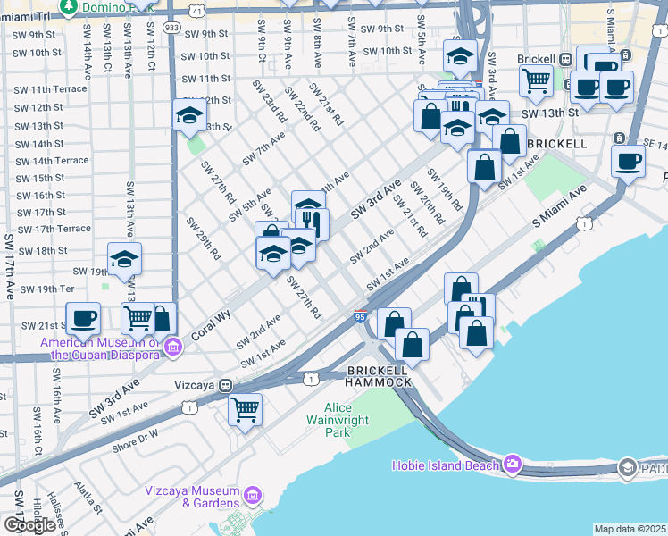 map of restaurants, bars, coffee shops, grocery stores, and more near 200 Southwest 25th Road in Miami