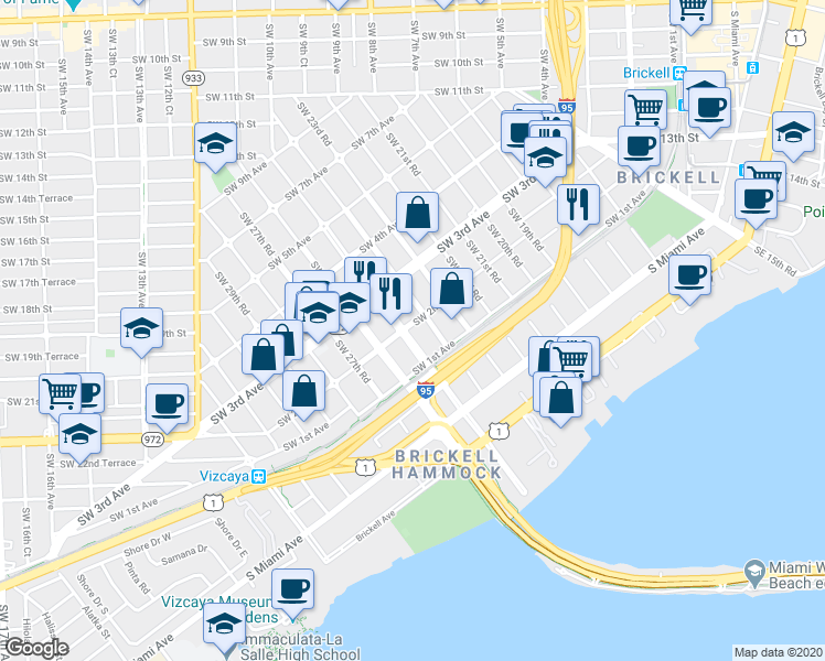 map of restaurants, bars, coffee shops, grocery stores, and more near 200 Southwest 25th Road in Miami