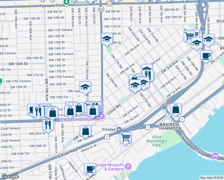map of restaurants, bars, coffee shops, grocery stores, and more near 418 Southwest 29th Road in Miami