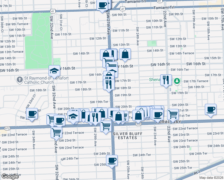 map of restaurants, bars, coffee shops, grocery stores, and more near 2626 Southwest 18th Street in Miami