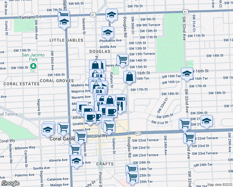 map of restaurants, bars, coffee shops, grocery stores, and more near 28 Majorca Avenue in Coral Gables