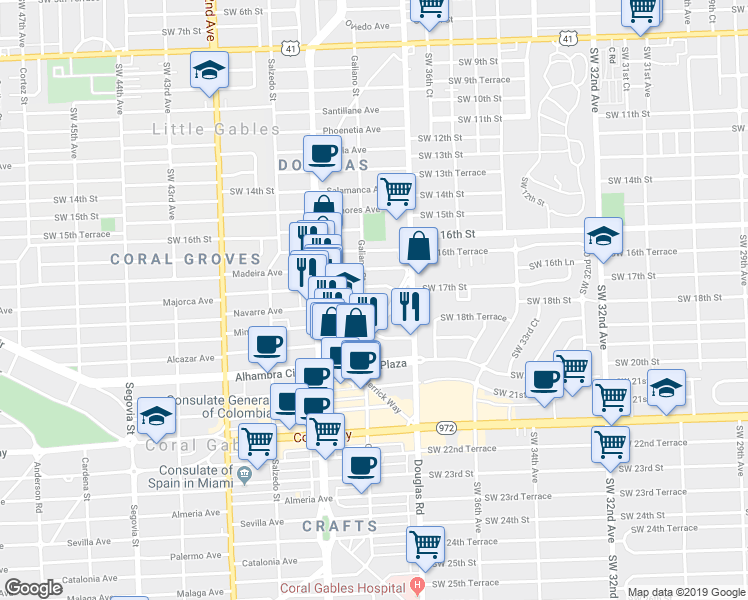map of restaurants, bars, coffee shops, grocery stores, and more near 28 Majorca Avenue in Coral Gables
