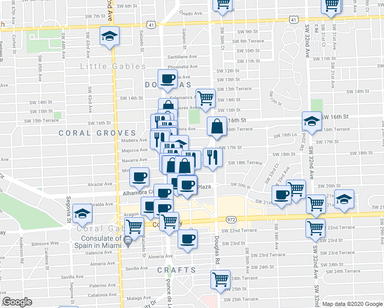map of restaurants, bars, coffee shops, grocery stores, and more near 28 Majorca Avenue in Coral Gables