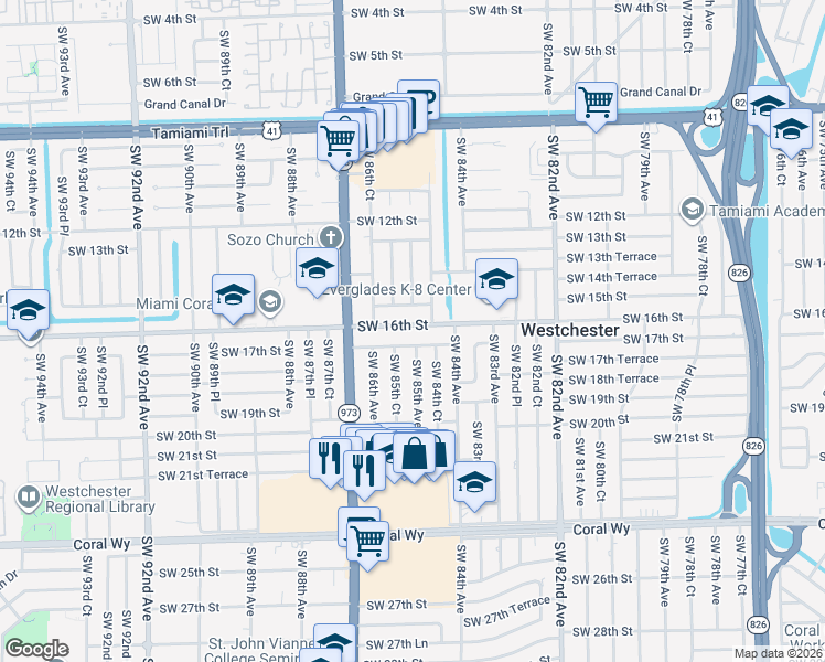 map of restaurants, bars, coffee shops, grocery stores, and more near 8521 Southwest 16th Street in Miami