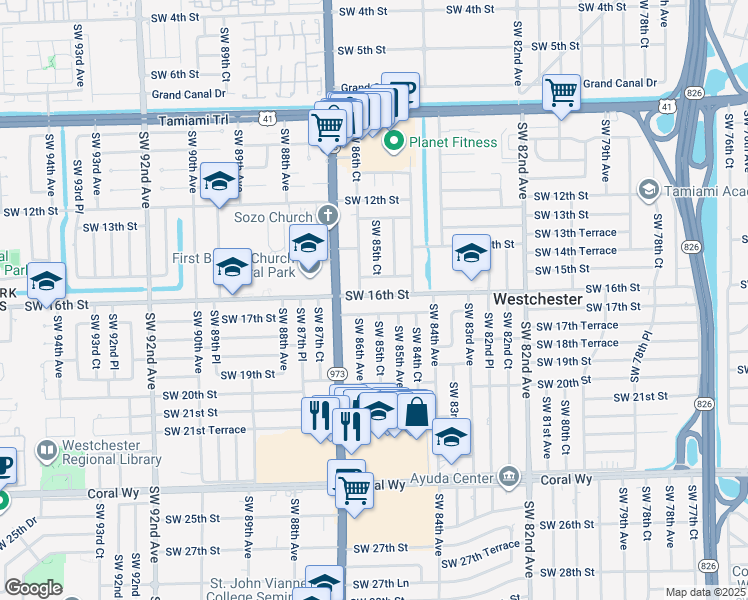 map of restaurants, bars, coffee shops, grocery stores, and more near 8521 Southwest 16th Street in Miami