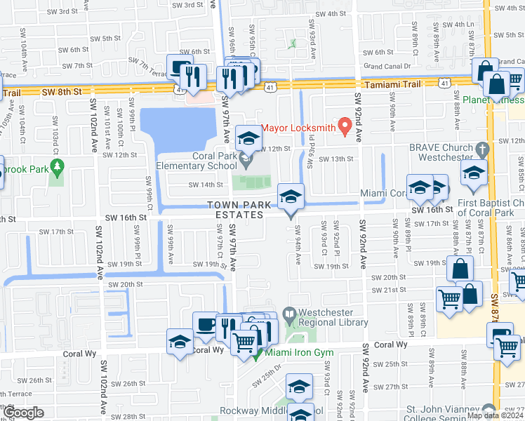 map of restaurants, bars, coffee shops, grocery stores, and more near 9535 Southwest 16th Street in Miami
