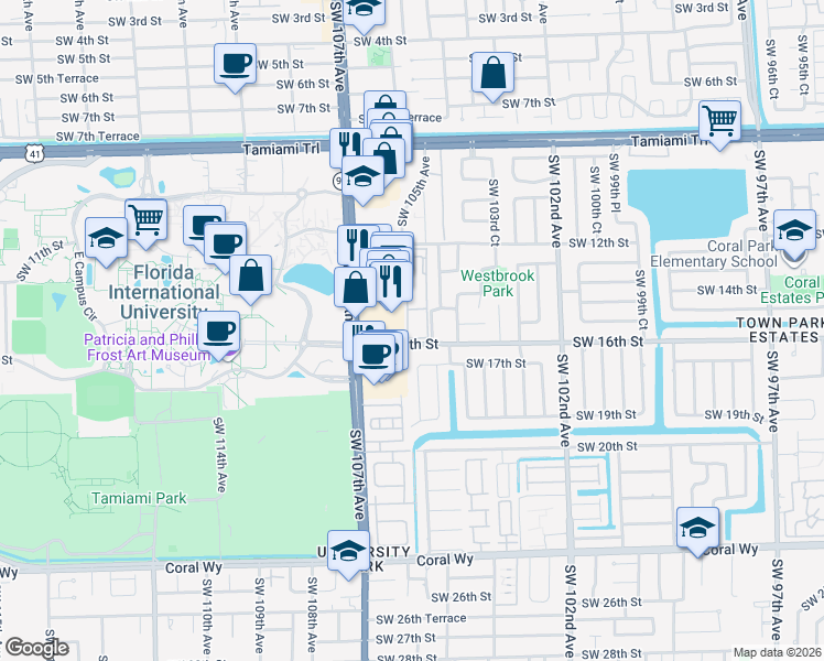 map of restaurants, bars, coffee shops, grocery stores, and more near 1550 Southwest 104th Path in Miami