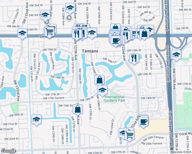 map of restaurants, bars, coffee shops, grocery stores, and more near 1431 Southwest 124th Court in Miami