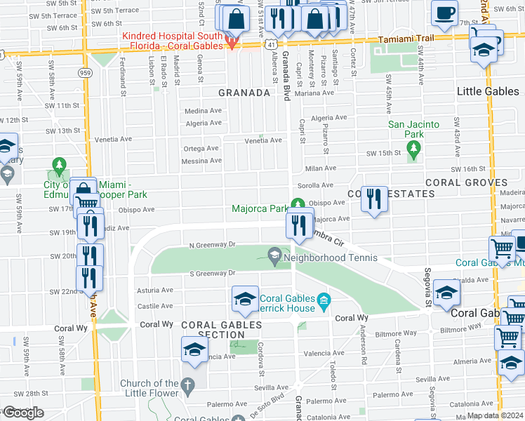 map of restaurants, bars, coffee shops, grocery stores, and more near 1801 Cordova Street in Coral Gables