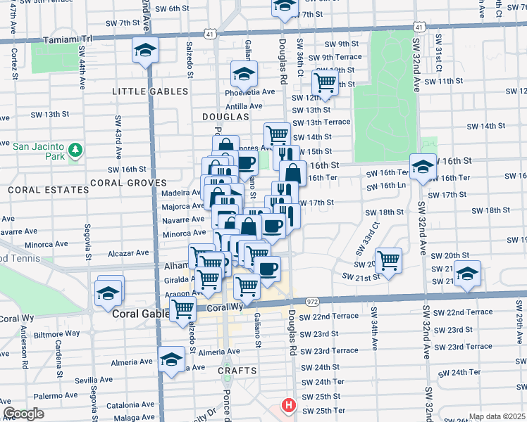 map of restaurants, bars, coffee shops, grocery stores, and more near 28 Majorca Avenue in Coral Gables