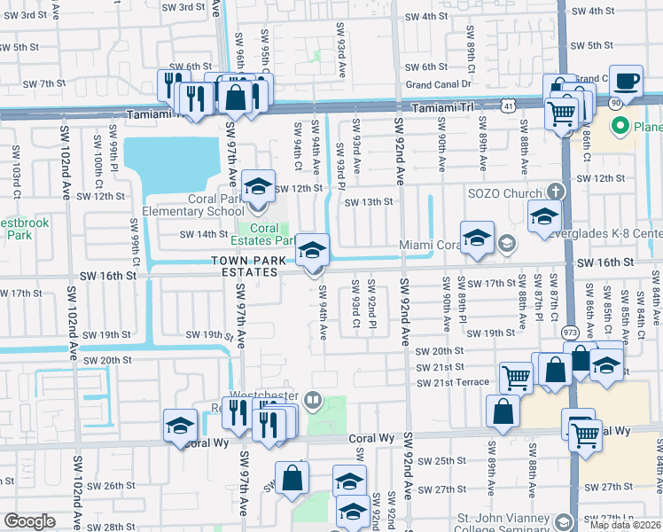 map of restaurants, bars, coffee shops, grocery stores, and more near 9361 Southwest 16th Street in Miami