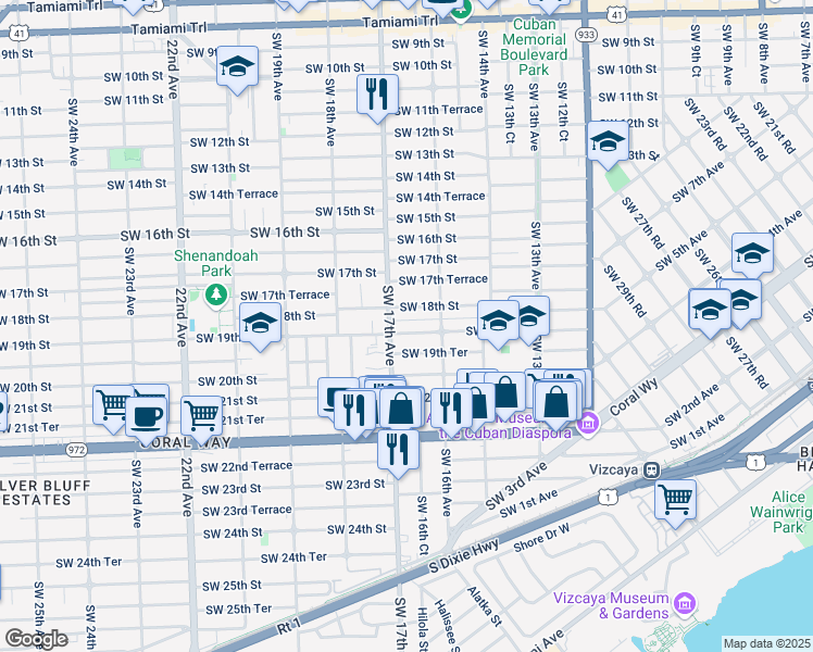 map of restaurants, bars, coffee shops, grocery stores, and more near 1663 Southwest 19th Street in Miami