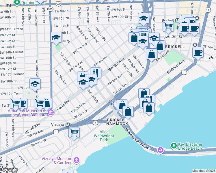 map of restaurants, bars, coffee shops, grocery stores, and more near 200 Southwest 25th Road in Miami