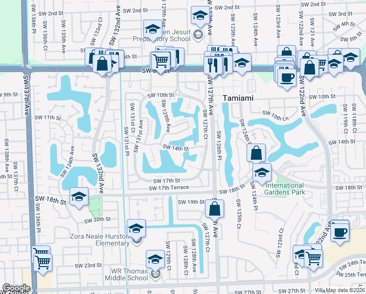 map of restaurants, bars, coffee shops, grocery stores, and more near 12807 Southwest 14th Street in Miami