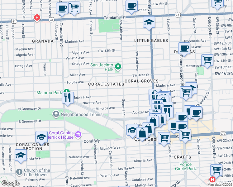 map of restaurants, bars, coffee shops, grocery stores, and more near 621 Majorca Ave in Coral Gables