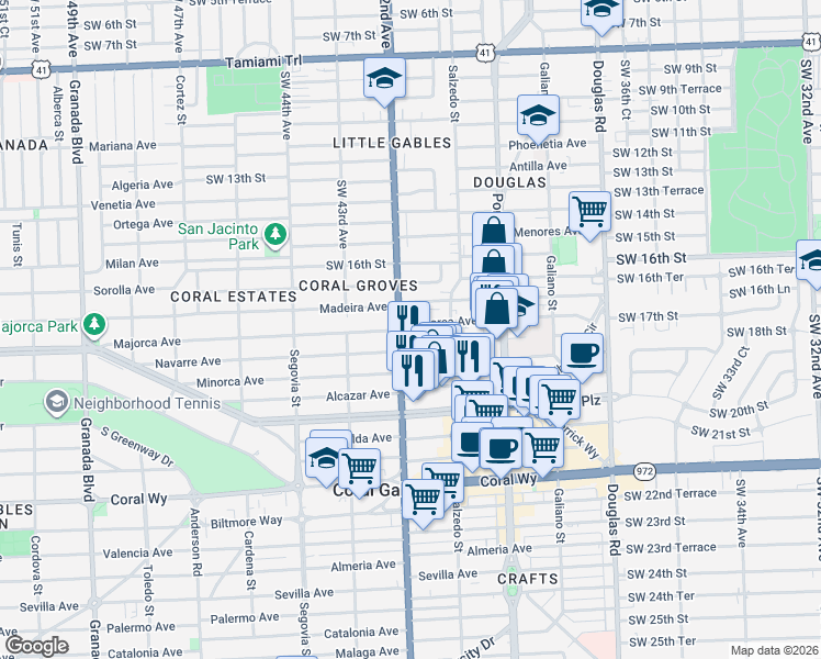 map of restaurants, bars, coffee shops, grocery stores, and more near 328 Majorca Avenue in Coral Gables