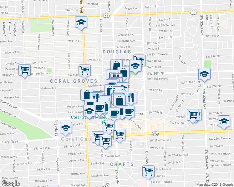 map of restaurants, bars, coffee shops, grocery stores, and more near 1915 Ponce De Leon Boulevard in Coral Gables