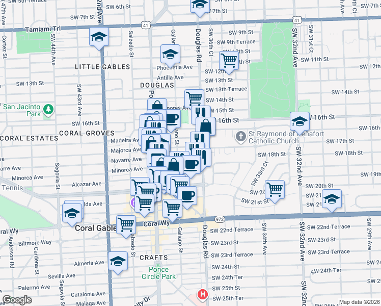 map of restaurants, bars, coffee shops, grocery stores, and more near 15 Alhambra Circle in Coral Gables