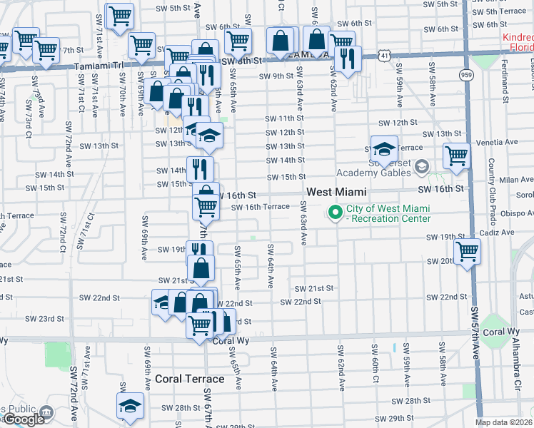 map of restaurants, bars, coffee shops, grocery stores, and more near 6370 Southwest 16th Terrace in Miami