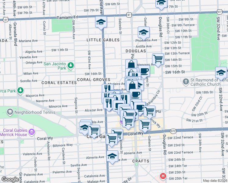 map of restaurants, bars, coffee shops, grocery stores, and more near 328 Majorca Avenue in Coral Gables