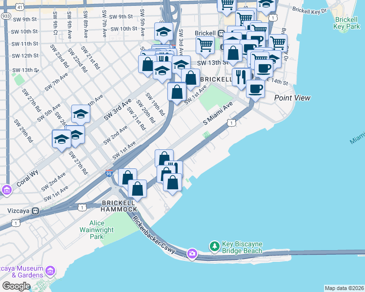 map of restaurants, bars, coffee shops, grocery stores, and more near 1915 South Miami Avenue in Miami
