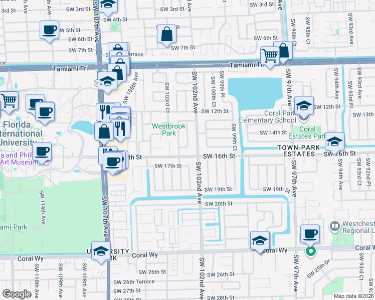 map of restaurants, bars, coffee shops, grocery stores, and more near 10260 Southwest 15th Terrace in Miami
