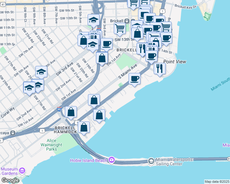 map of restaurants, bars, coffee shops, grocery stores, and more near 1880 Brickell Ave in Miami