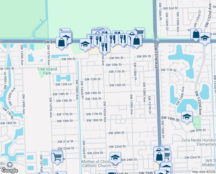 map of restaurants, bars, coffee shops, grocery stores, and more near 14106 Southwest 13th Street in Miami