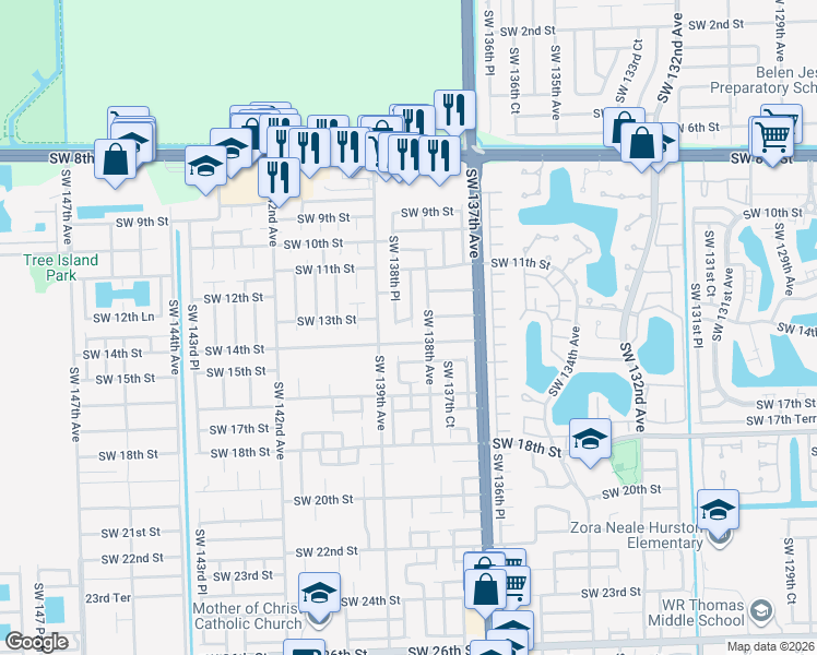 map of restaurants, bars, coffee shops, grocery stores, and more near 13842 SW 13th St in Miami