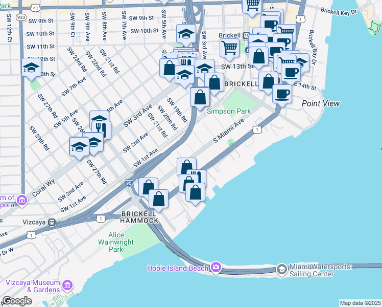 map of restaurants, bars, coffee shops, grocery stores, and more near 26 Southwest 20th Road in Miami