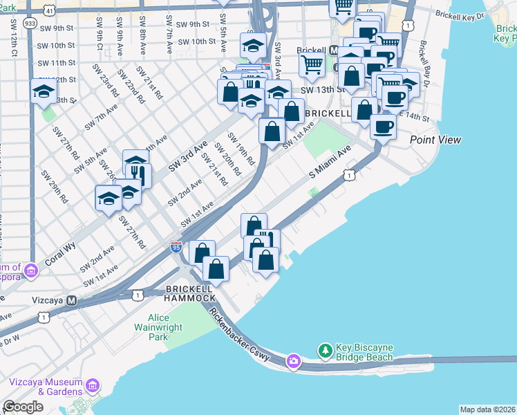 map of restaurants, bars, coffee shops, grocery stores, and more near 26 Southwest 20th Road in Miami