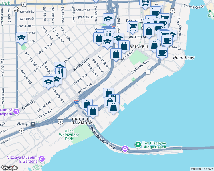 map of restaurants, bars, coffee shops, grocery stores, and more near 26 Southwest 20th Road in Miami