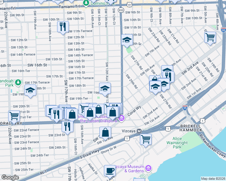 map of restaurants, bars, coffee shops, grocery stores, and more near 1257 Southwest 19th Street in Miami