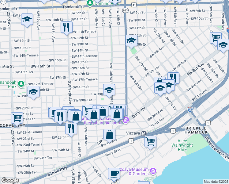 map of restaurants, bars, coffee shops, grocery stores, and more near 1257 Southwest 19th Street in Miami