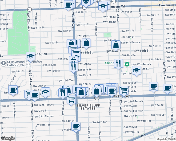 map of restaurants, bars, coffee shops, grocery stores, and more near 2500 Southwest 18th Street in Miami