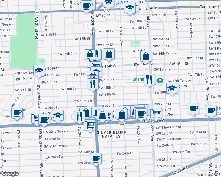 map of restaurants, bars, coffee shops, grocery stores, and more near 2500 Southwest 18th Street in Miami