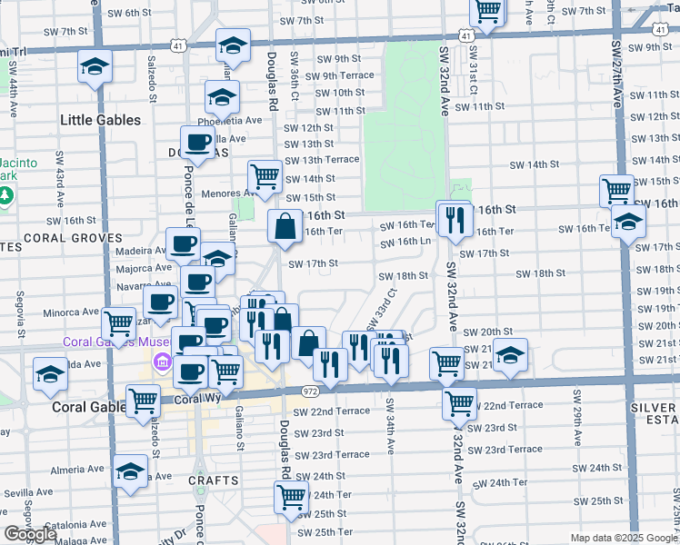 map of restaurants, bars, coffee shops, grocery stores, and more near 3524 Southwest 17th Street in Miami