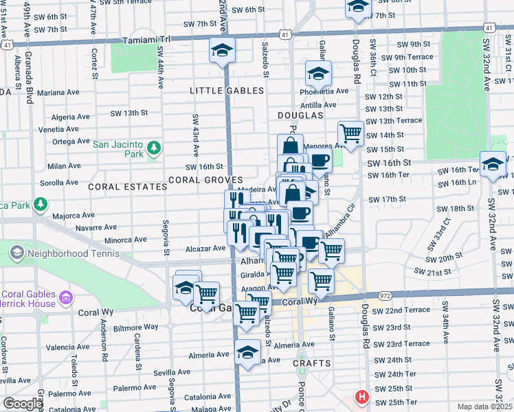 map of restaurants, bars, coffee shops, grocery stores, and more near 328 Majorca Avenue in Coral Gables