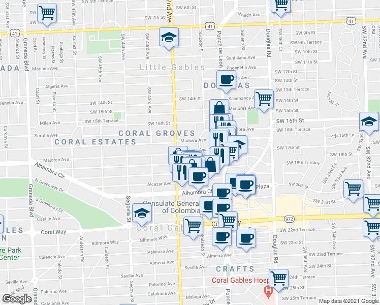 map of restaurants, bars, coffee shops, grocery stores, and more near 328 Majorca Avenue in Coral Gables