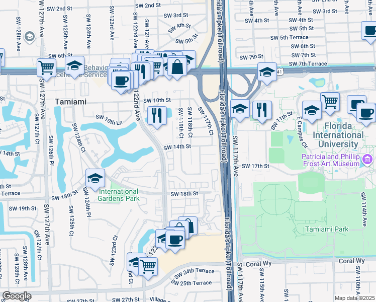 map of restaurants, bars, coffee shops, grocery stores, and more near 1401 Southwest 118th Court in Miami