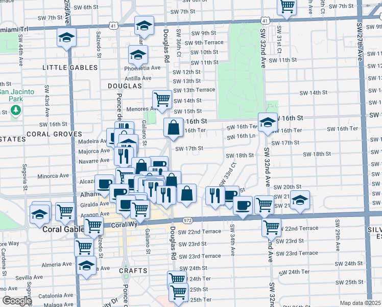 map of restaurants, bars, coffee shops, grocery stores, and more near 1720 Southwest 36th Avenue in Miami