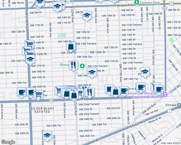map of restaurants, bars, coffee shops, grocery stores, and more near 2000 Southwest 18th Street in Miami